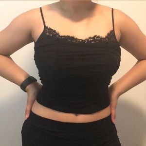 Caviar Paris - Sheer Mesh Lace Ruched Crop Top